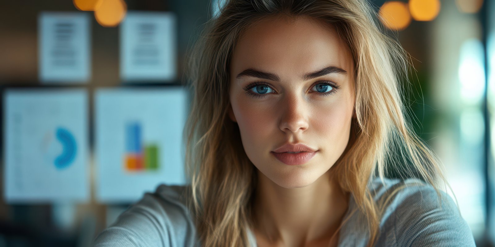 Young woman with blue eyes poses in a cozy cafe, surrounded by warm lighting and modern decor at midday